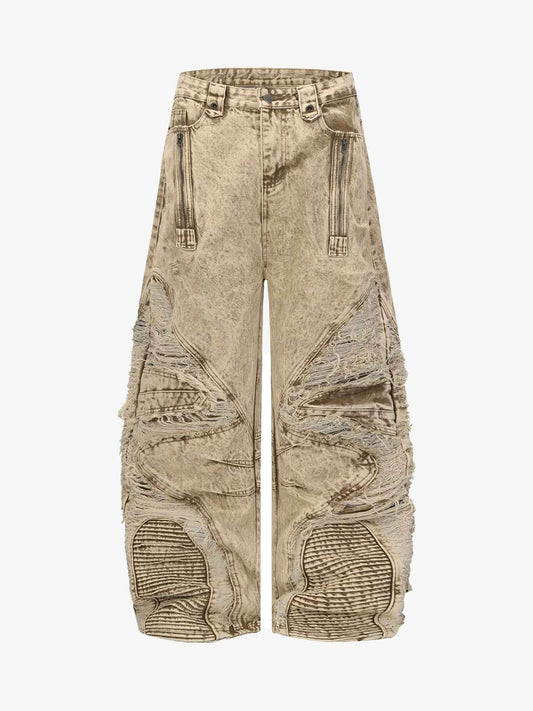 Distressed Raw-Edge Panel Sculpted Wide-Leg Jeans