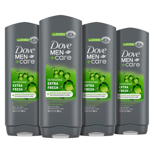 Dove Men+Care Body Wash Extra Fresh 4 Count for Mens Skin Care Body Wash Effectively Washes Away Bacteria While Nourishing Your Skin 18 oz