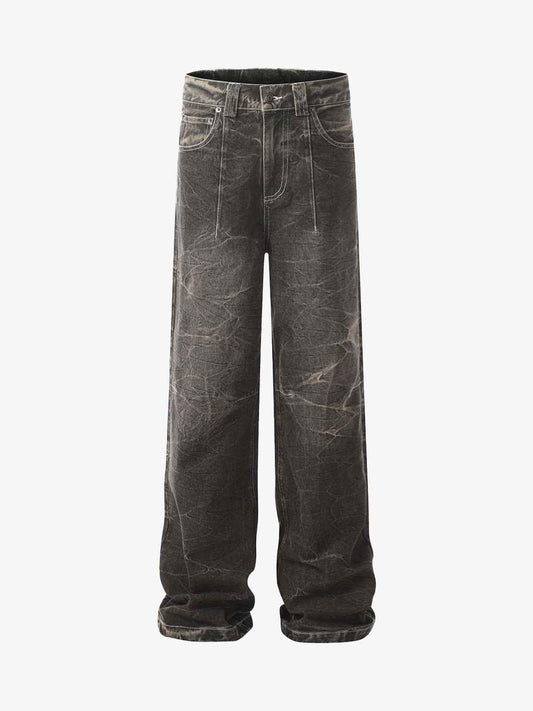 Distressed Texture Washed Straight-Leg Jeans
