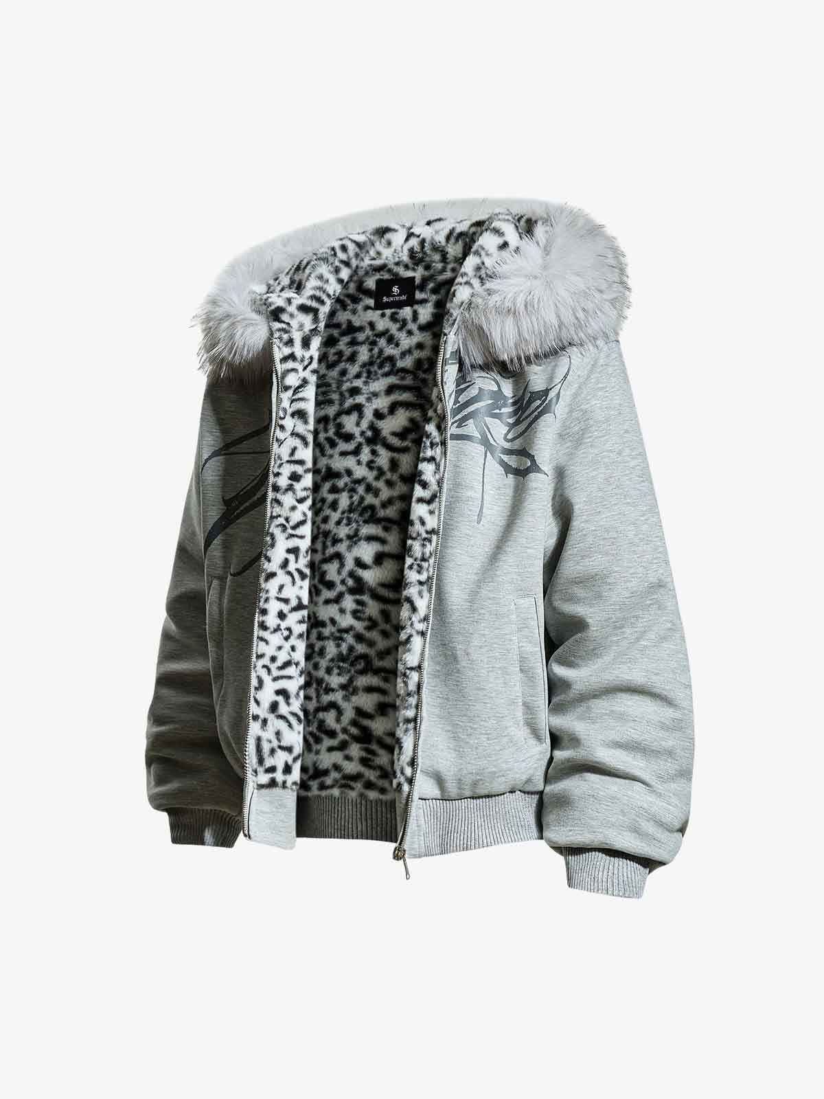 Vintage Faux Fur Hoodedd Leopard Lined Graphic Bomber Jacket