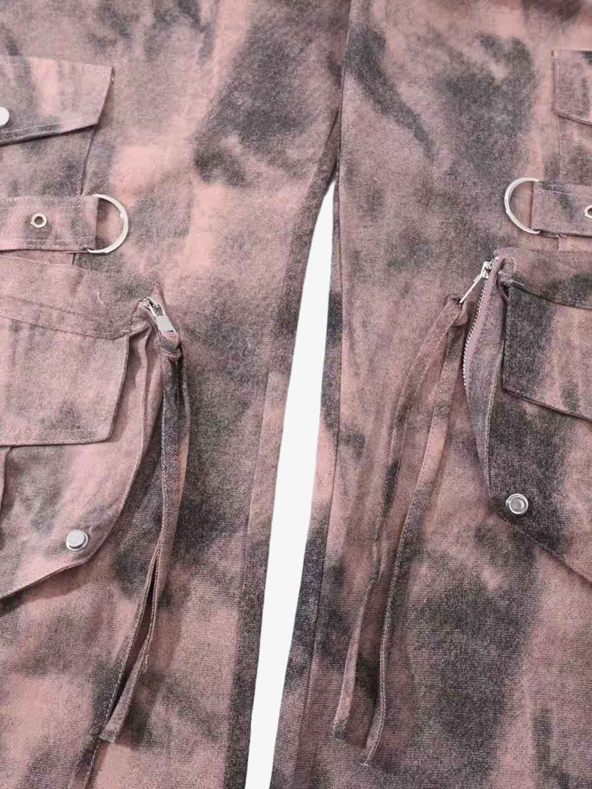 Smoky Dyed Multi-Pocket Tactical Strap Cargo Jeans - Luxuryurbanwear