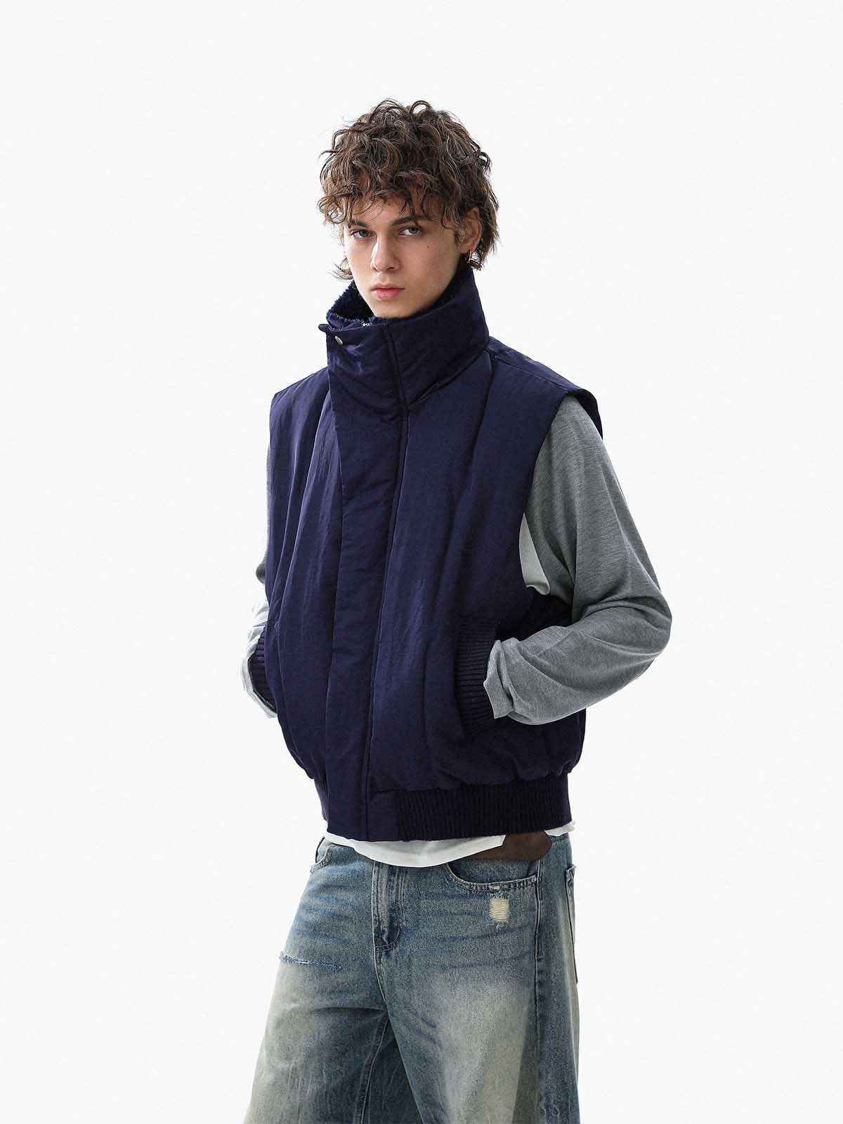Street High-Neck Asymmetrical Placket Cotton Vest