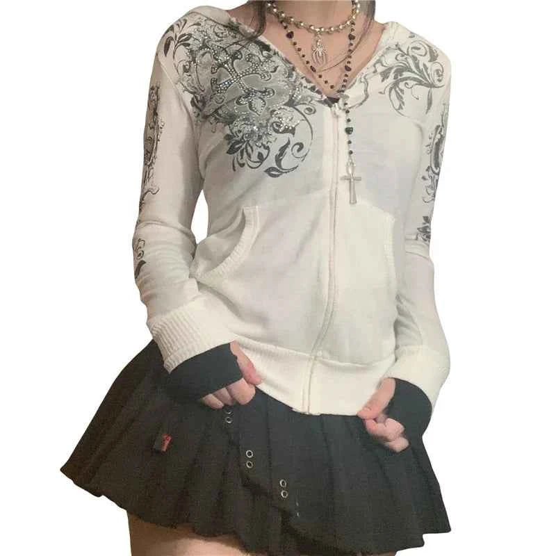 Rhinestone White Zipper Long Sleeve Sweatshirt