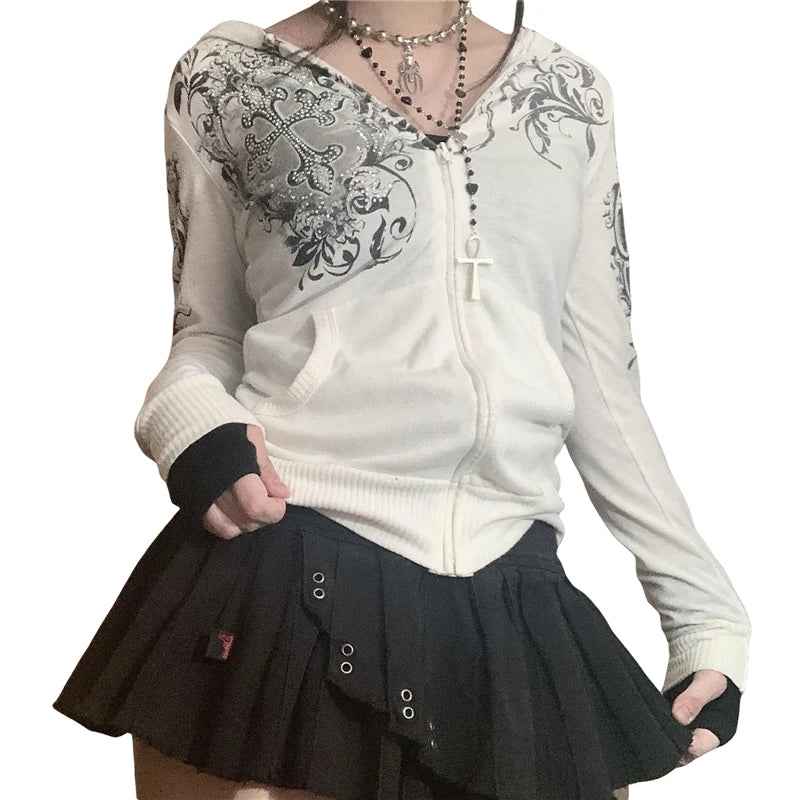 Rhinestone White Zipper Long Sleeve Sweatshirt