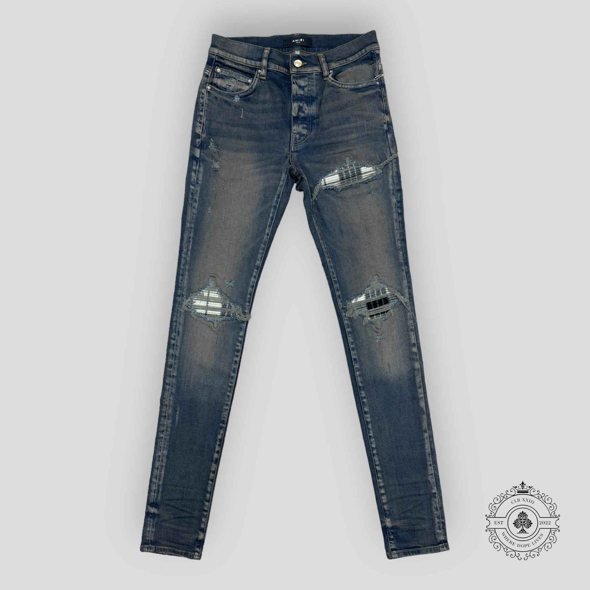 Amiri MX1 Plaid Patch Jeans in Dark Indigo
