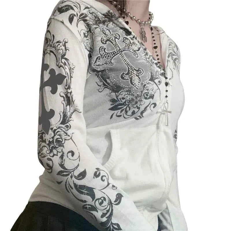 Rhinestone White Zipper Long Sleeve Sweatshirt
