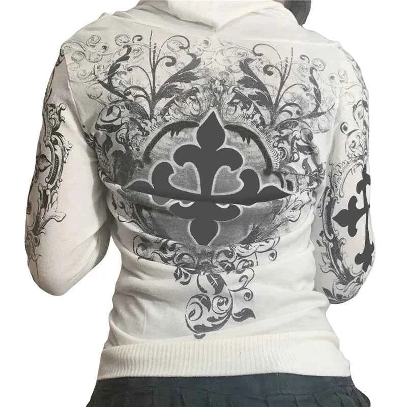 Rhinestone White Zipper Long Sleeve Sweatshirt