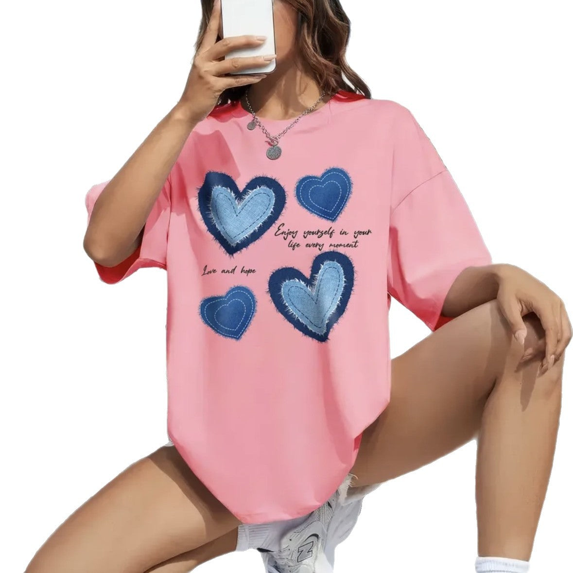 Love pattern round neck short sleeved loose top for women