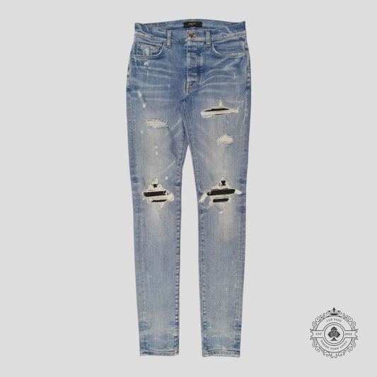 Amiri MX1 Leather Patch Jeans in Light Indigo