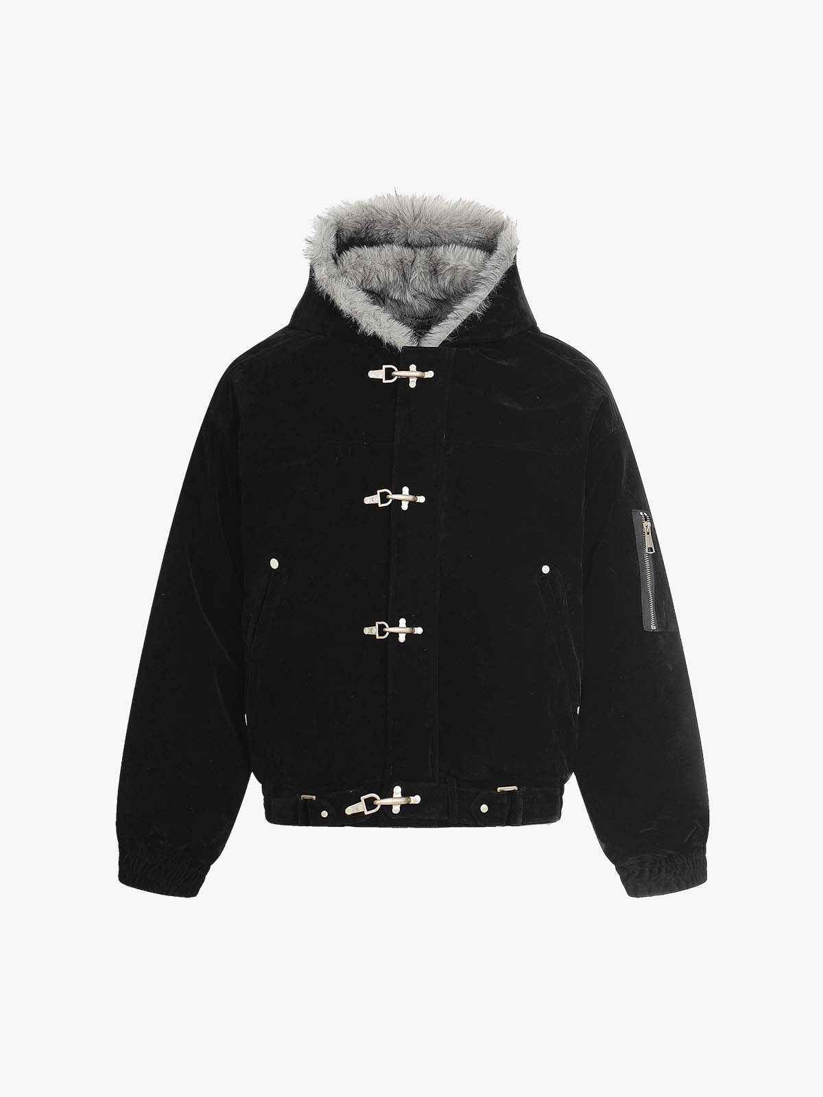 Streetwear Metal Clip Faux Fur Hooded Suede Bomber Jacket