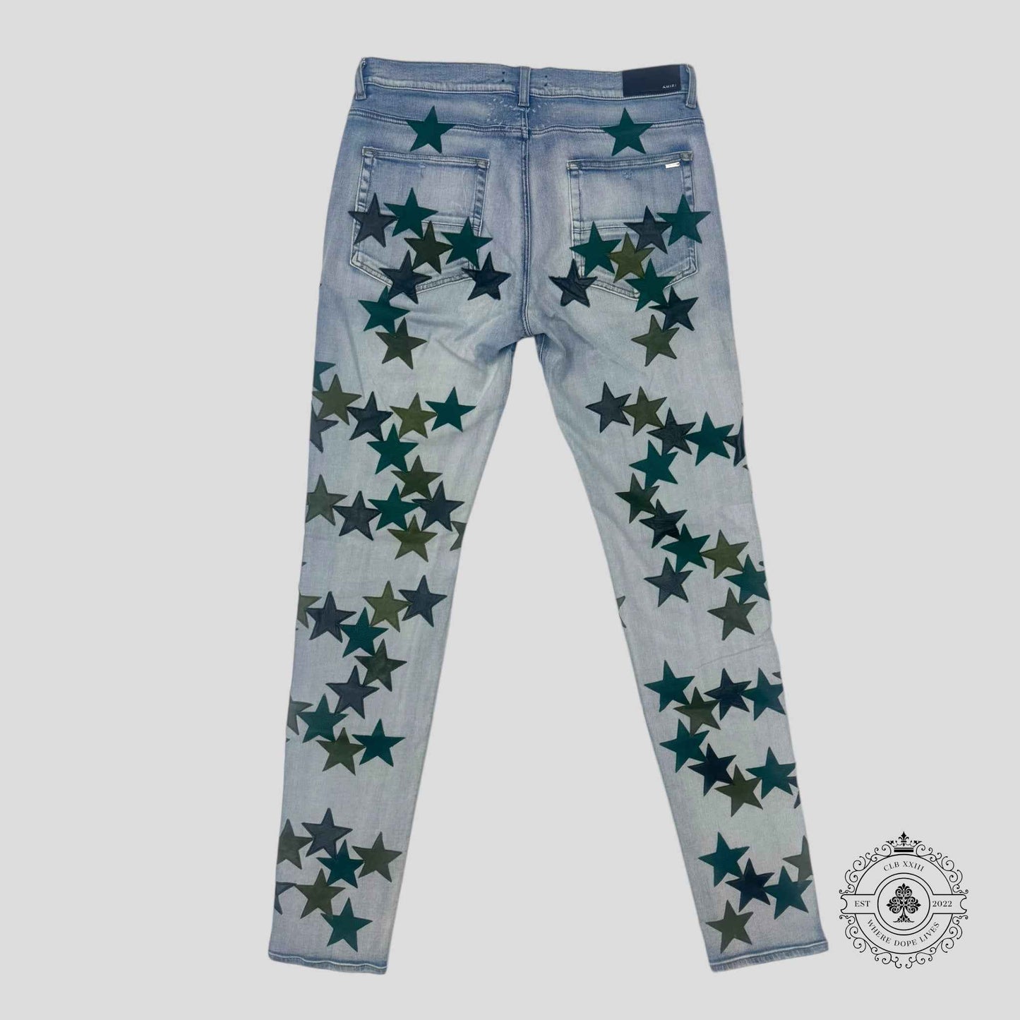 Amiri Chemist Star Patch Jeans in Light Indigo / Green