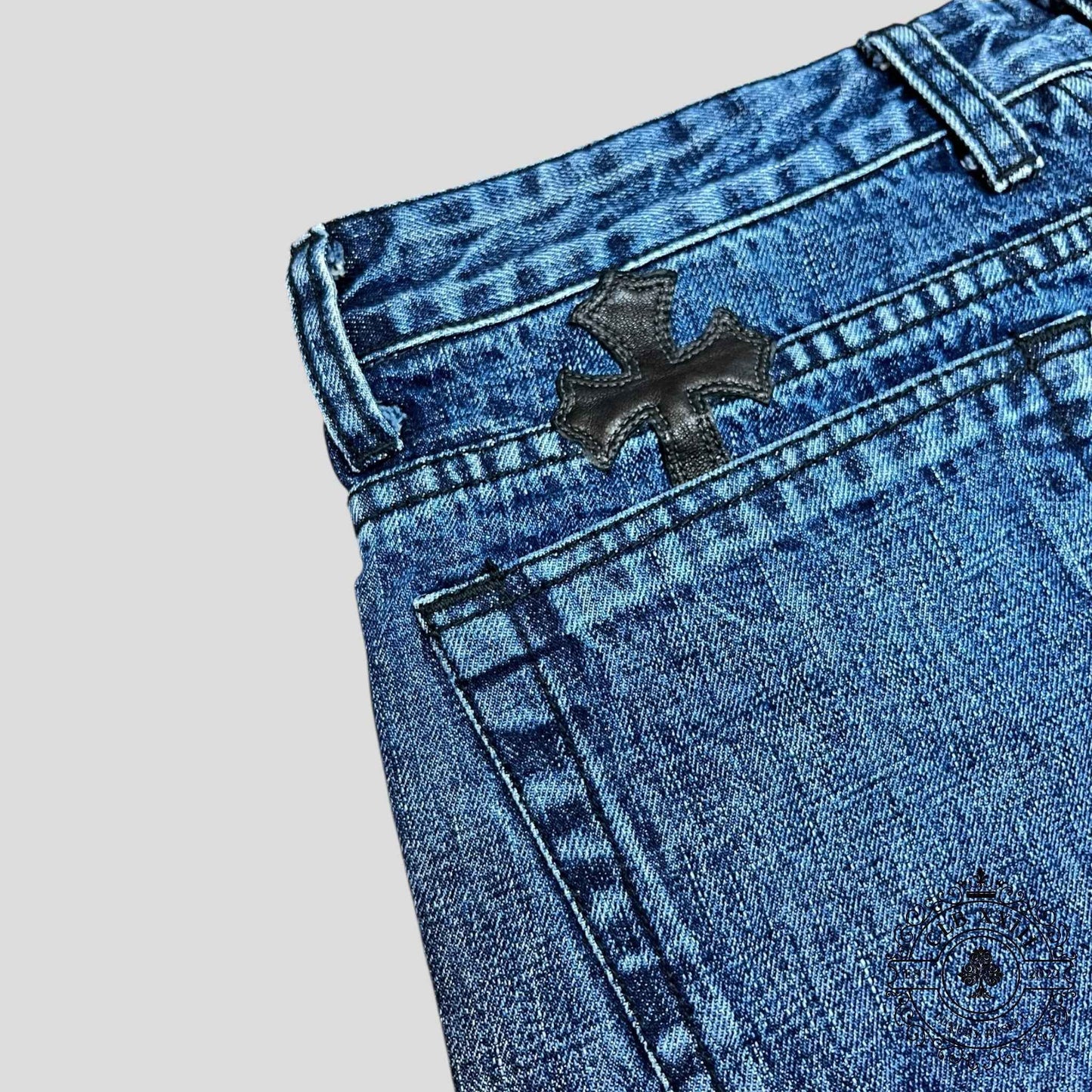 Chrome Hearts Leather Cross Patch Jean Shorts in Dark Wash
