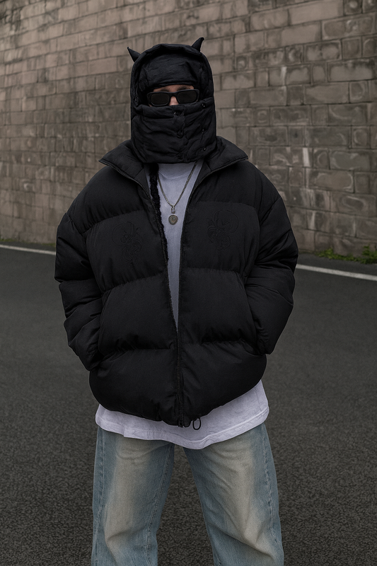 Warm Black Masked Neckline Hooded Puffer Jacket - Luxuryurbanwear