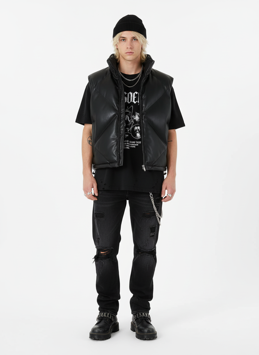 Minimalist Faux Leather Stand Collar Puffer Vest - Luxuryurbanwear