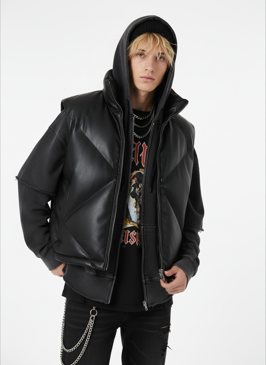 Minimalist Faux Leather Stand Collar Puffer Vest - Luxuryurbanwear