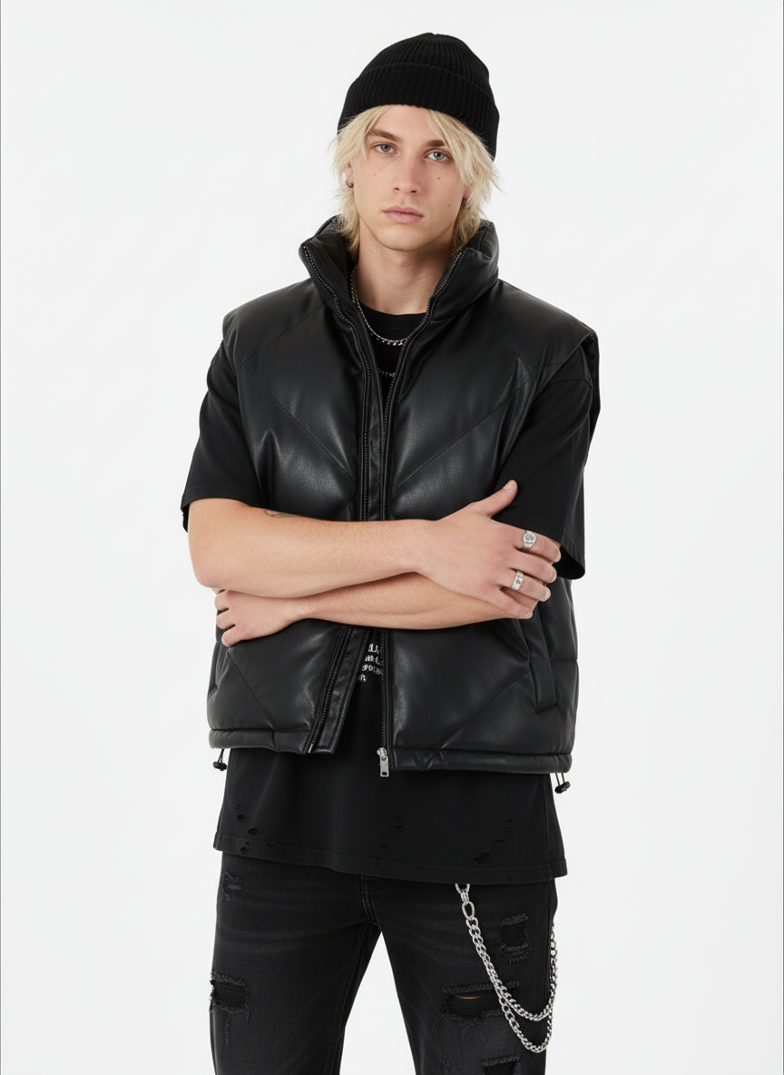 Minimalist Faux Leather Stand Collar Puffer Vest - Luxuryurbanwear