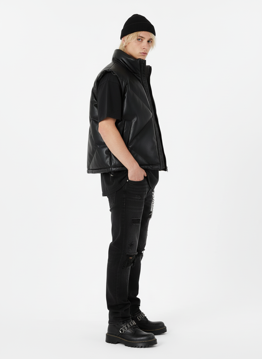 Minimalist Faux Leather Stand Collar Puffer Vest - Luxuryurbanwear