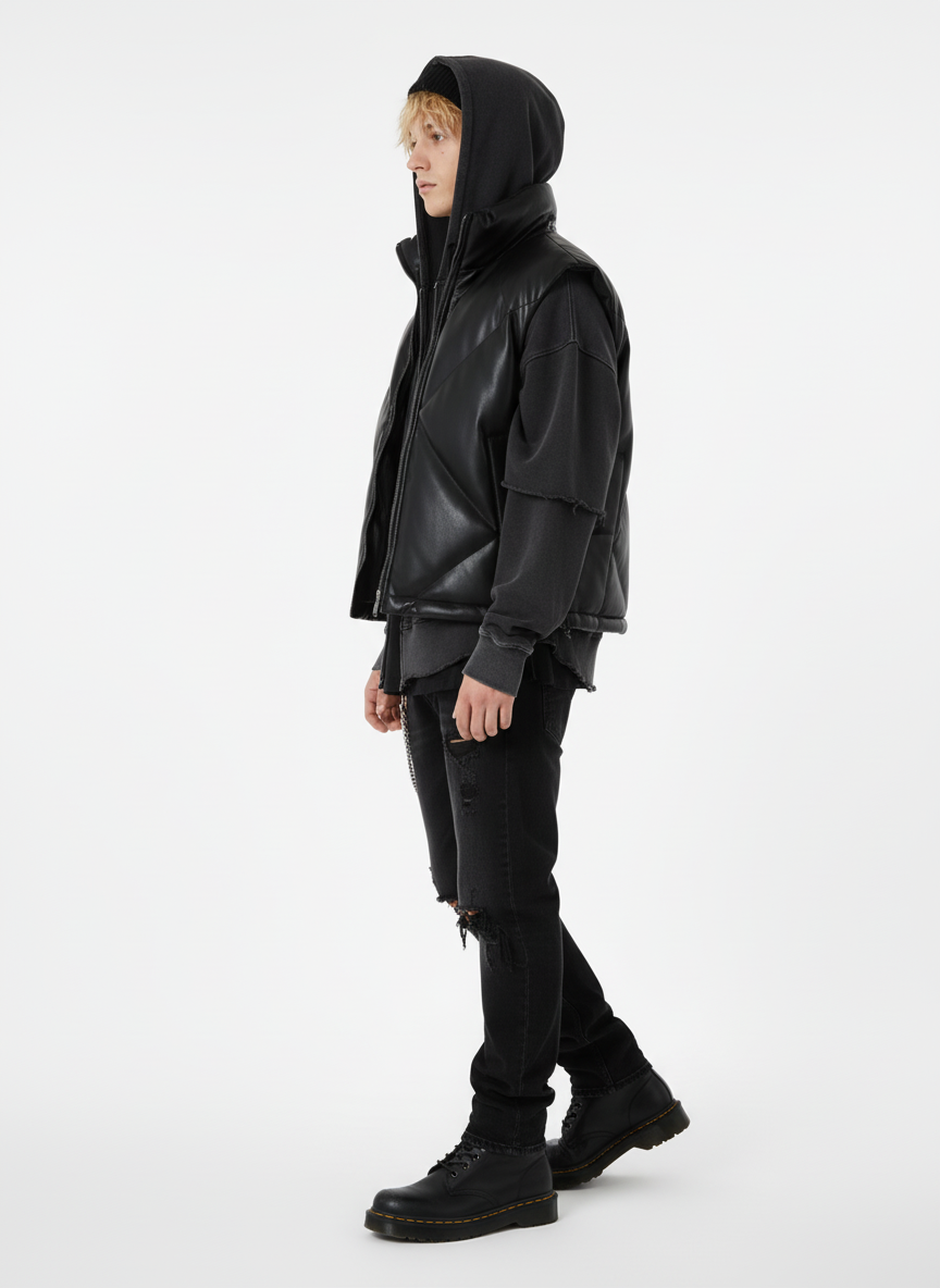 Minimalist Faux Leather Stand Collar Puffer Vest - Luxuryurbanwear
