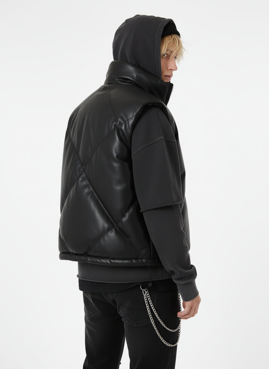 Minimalist Faux Leather Stand Collar Puffer Vest - Luxuryurbanwear