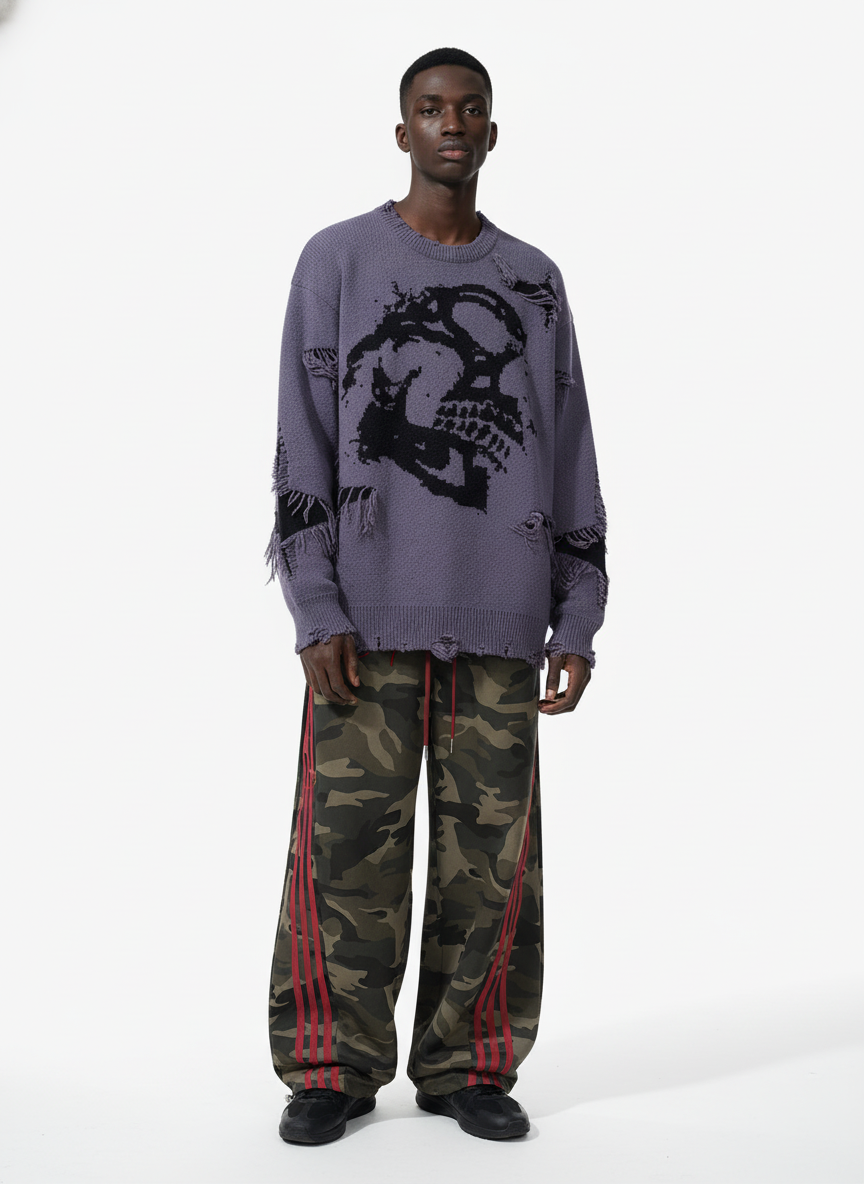Hip-Hop Dark Skull Frayed-Edge Knit Sweater - Luxuryurbanwear
