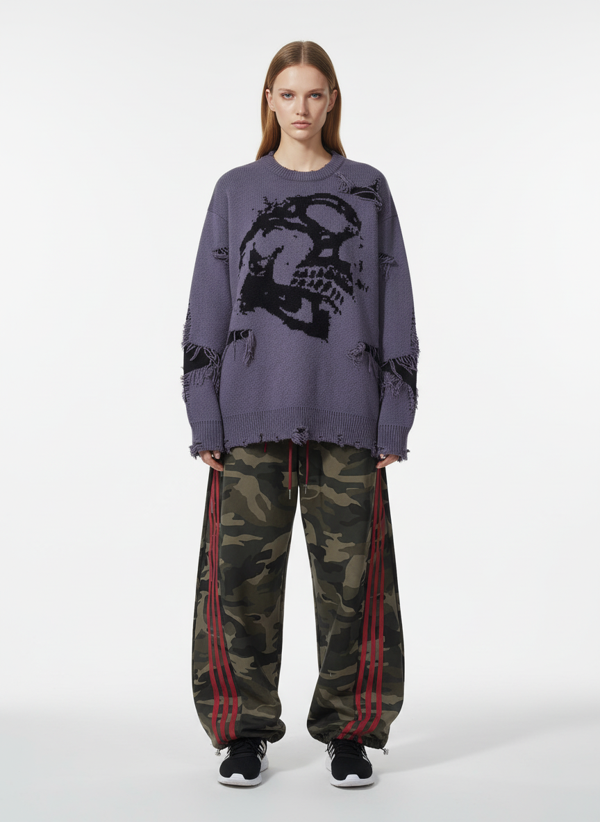 Hip-Hop Dark Skull Frayed-Edge Knit Sweater - Luxuryurbanwear