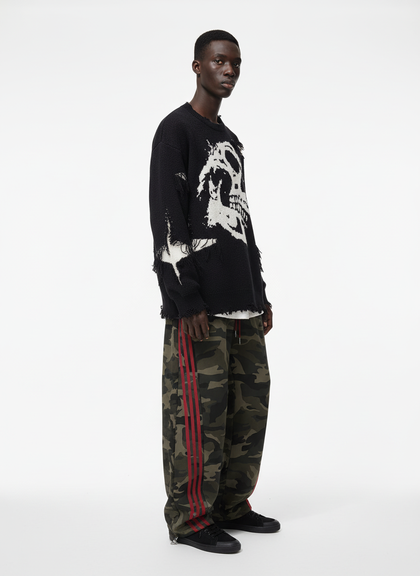 Hip-Hop Dark Skull Frayed-Edge Knit Sweater - Luxuryurbanwear