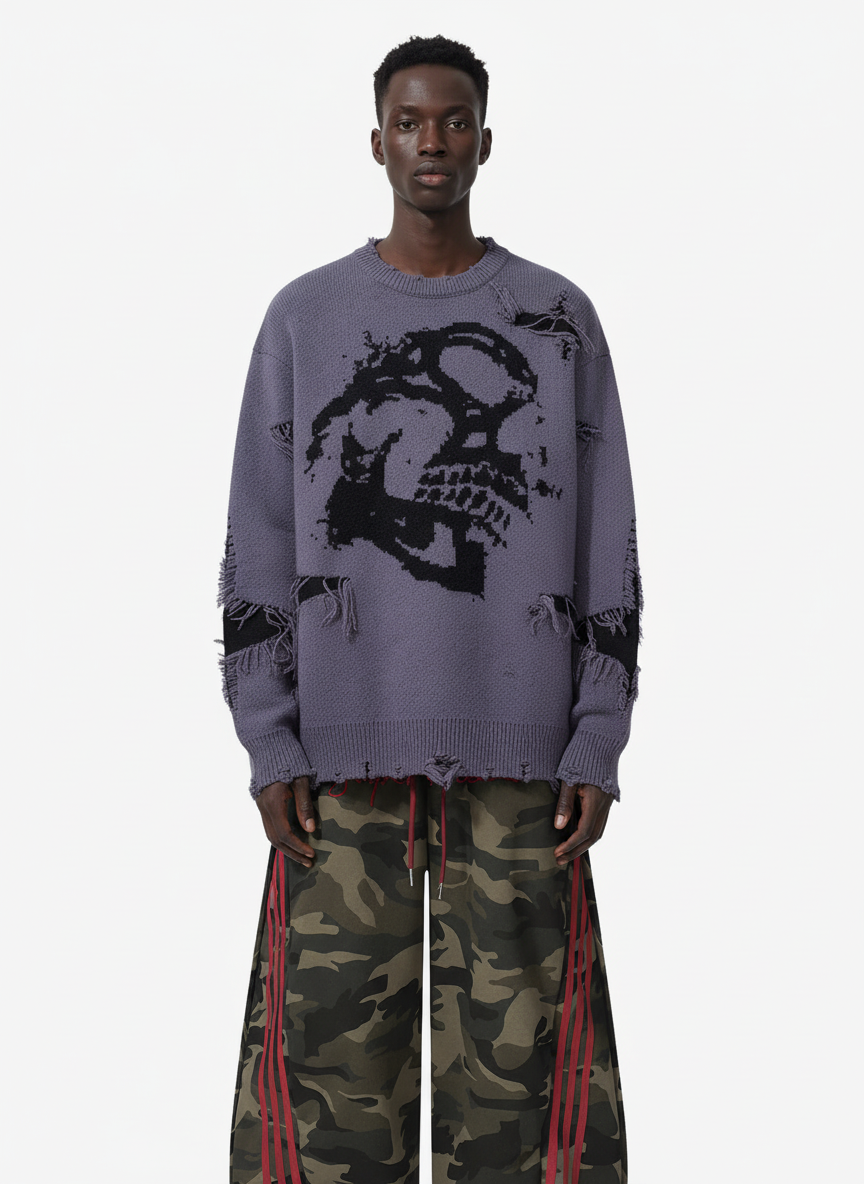 Hip-Hop Dark Skull Frayed-Edge Knit Sweater - Luxuryurbanwear