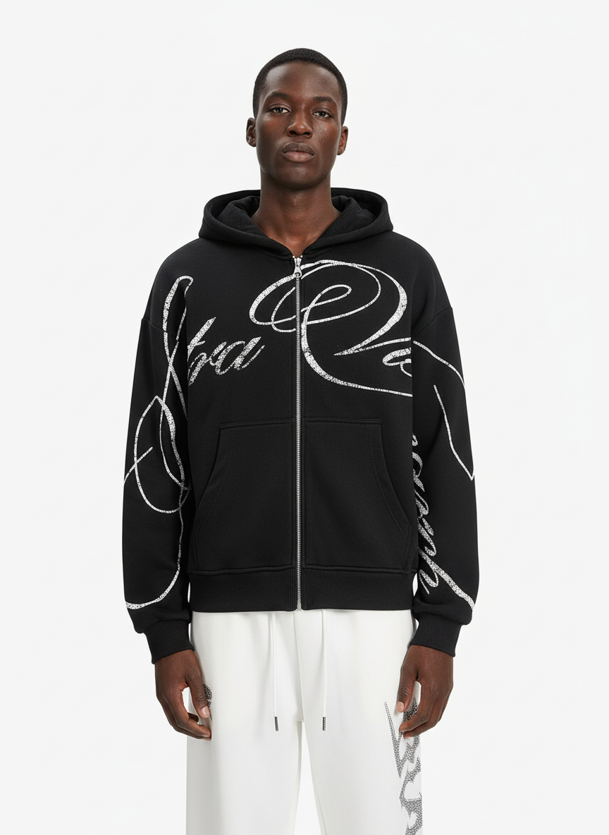 High Street Script Letter Print Zip-up Hoodie Jacket - Luxuryurbanwear