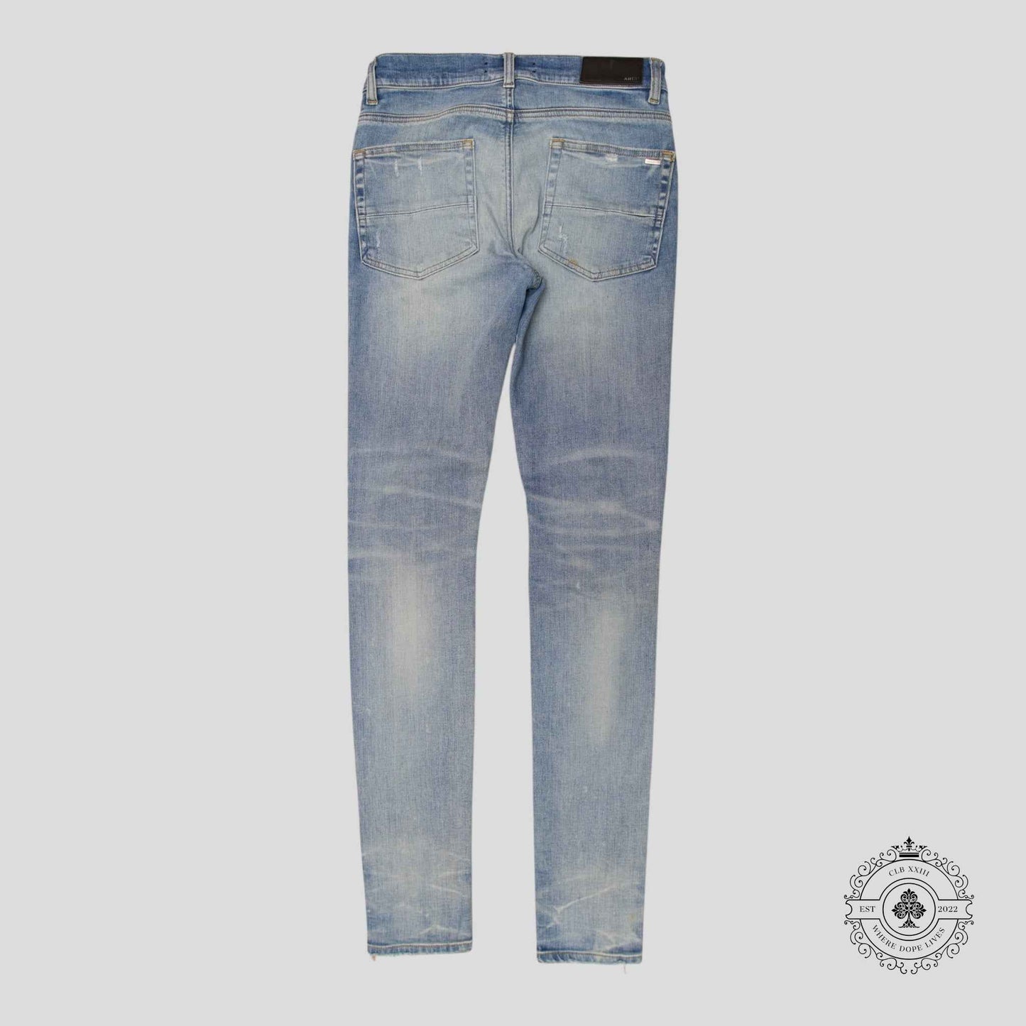 Amiri MX1 Leather Patch Jeans in Light Indigo