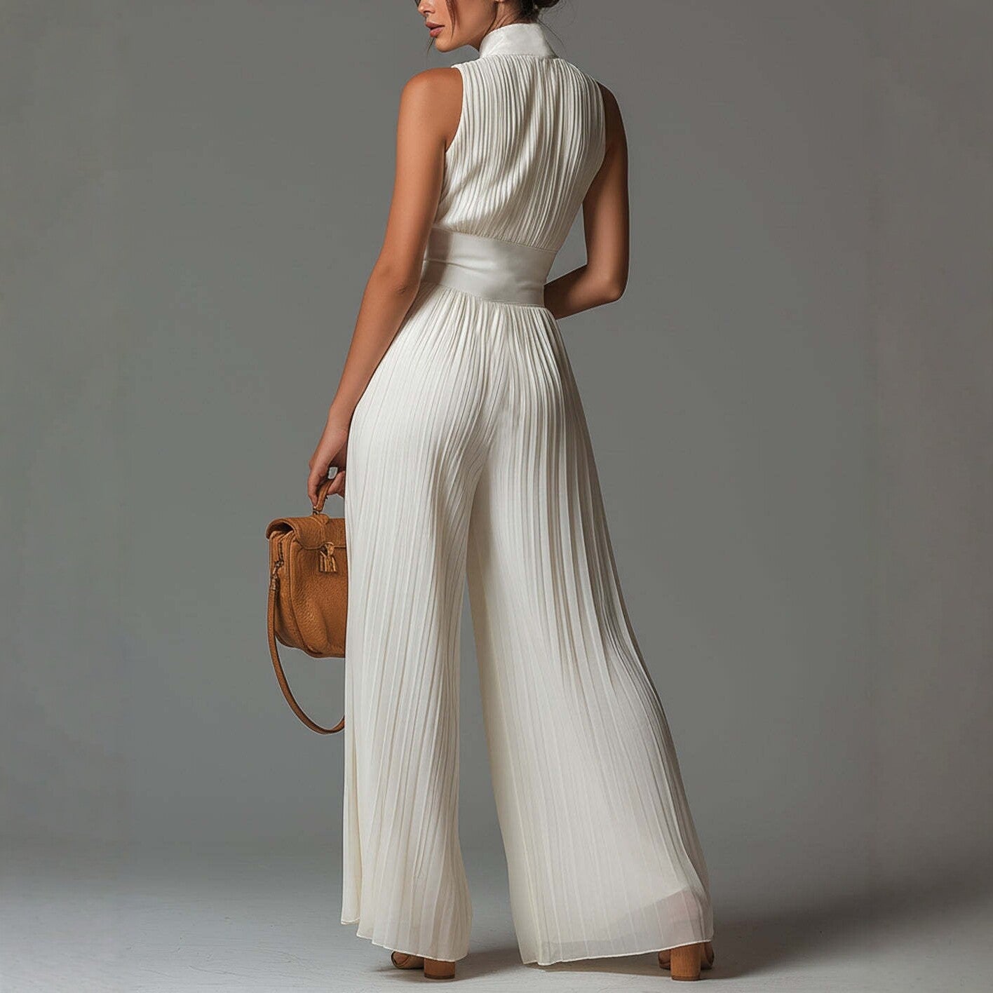 White Pleated Strap Neck Jumpsuit for Women, Long Wide Leg Fashion Sexy Folded Design