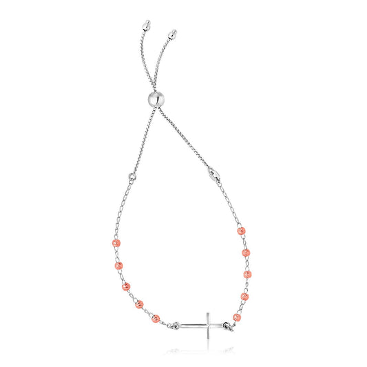 Sterling Silver White and Rose Finish Adjustable Bracelet with Cross