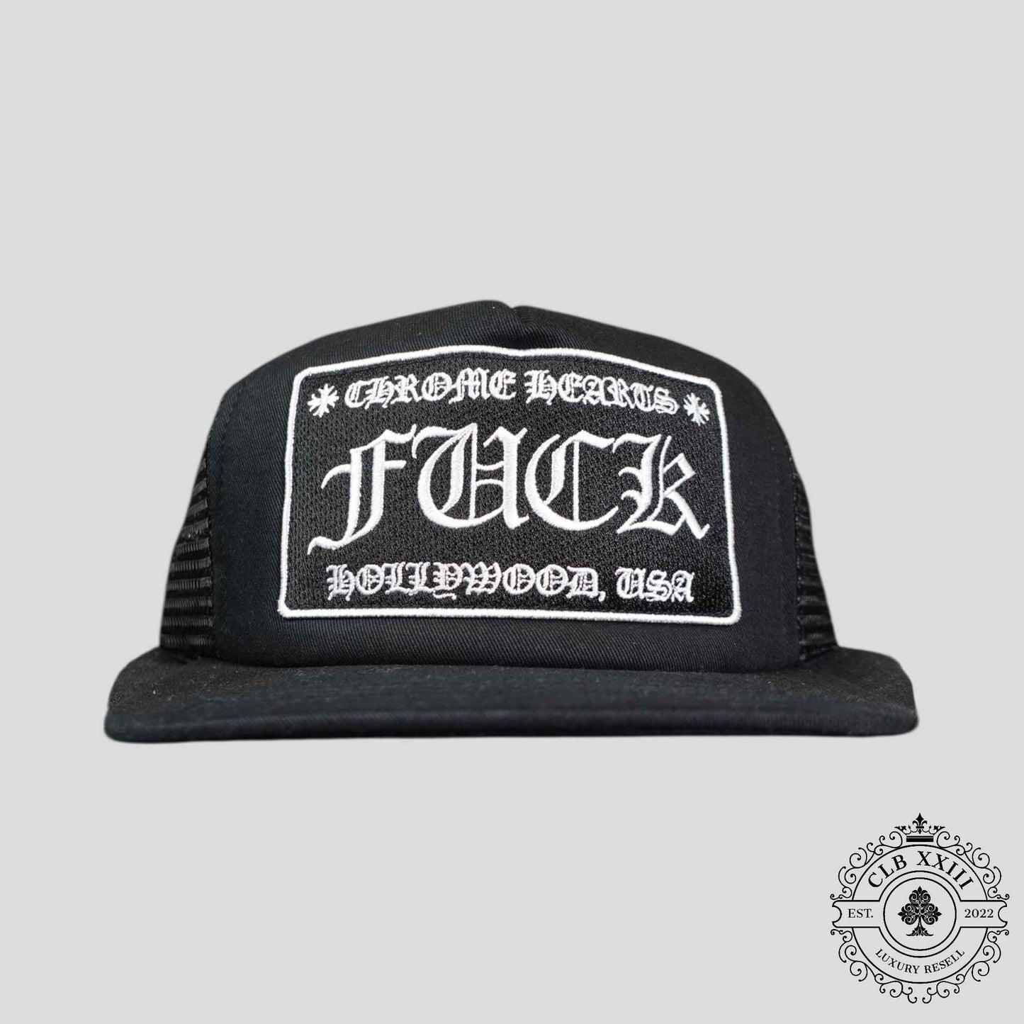 Chrome Hearts Fuck Hollywood Trucker Hat in Black