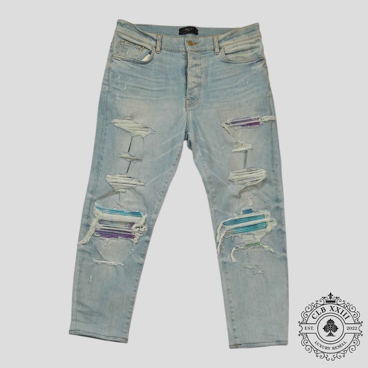 Amiri Watercolor Patch Jeans in Light Wash/Multicolor