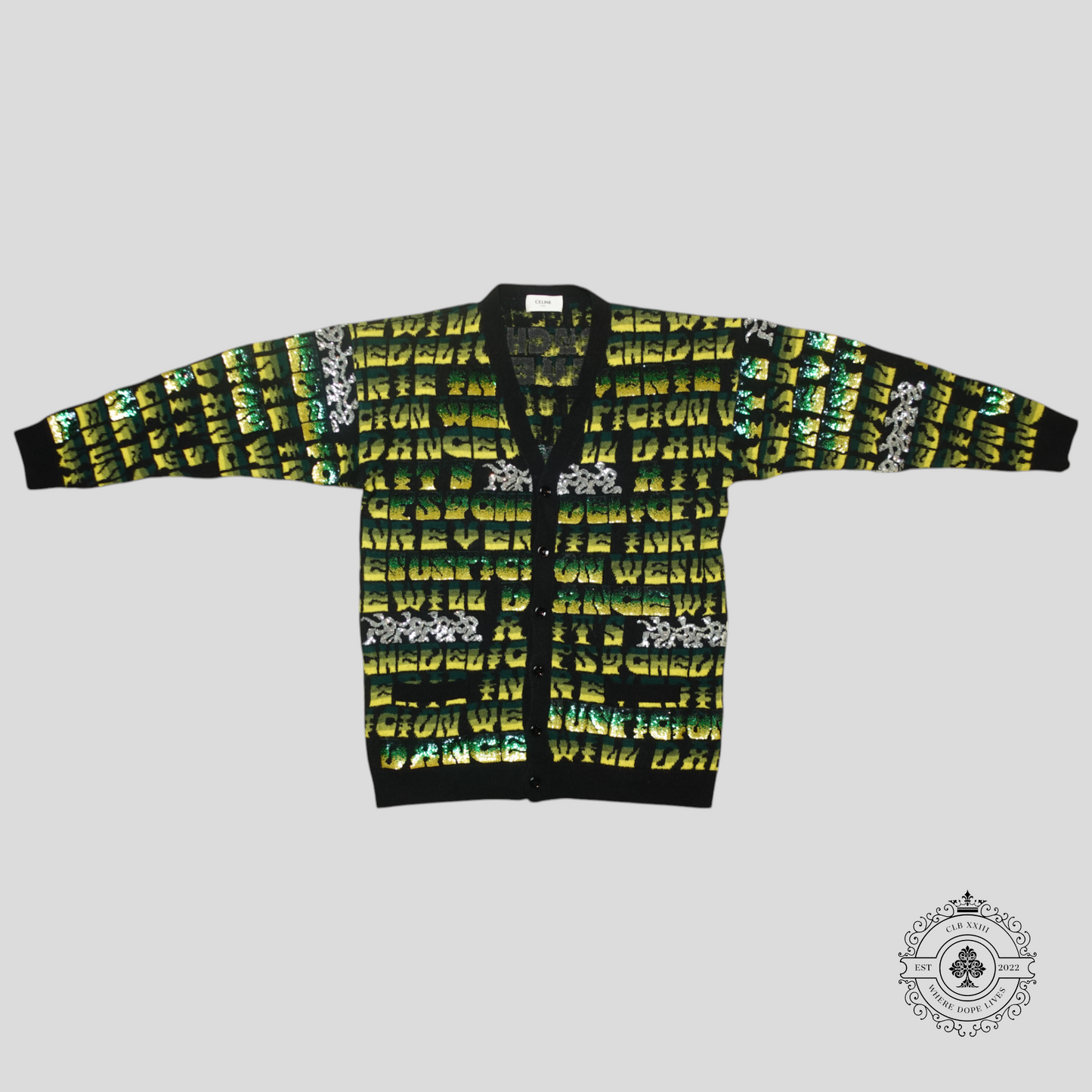 Celine Sequin Jacquard Knit Cardigan in Black/Green
