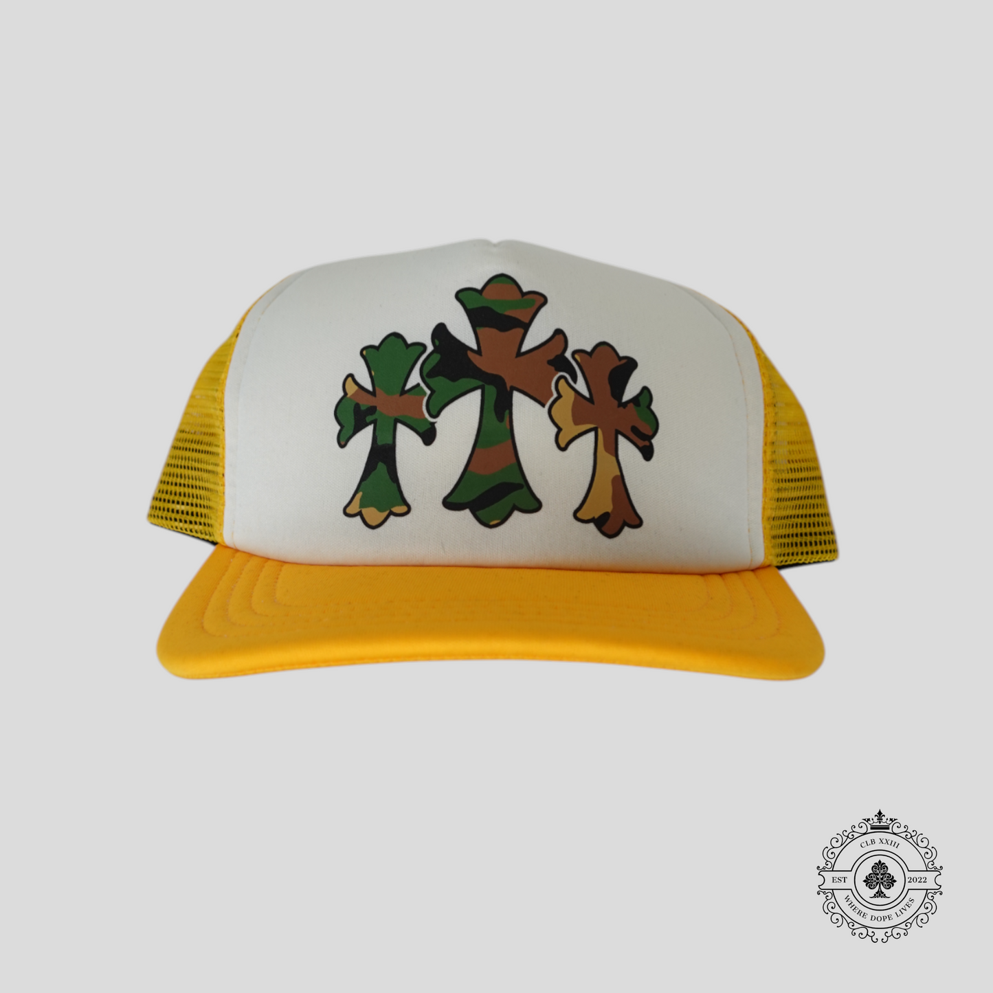 Chrome Hearts Triple Cross Trucker Hat in Yellow/Camo