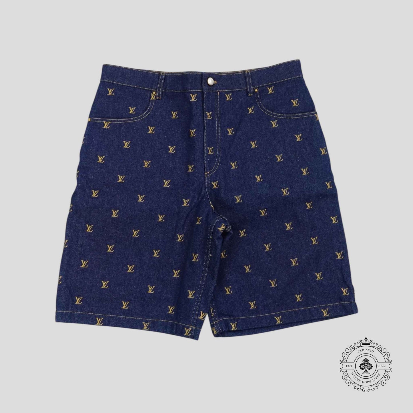 Louis Vuitton LV Embroidered Denim Shorts in Dark Wash
