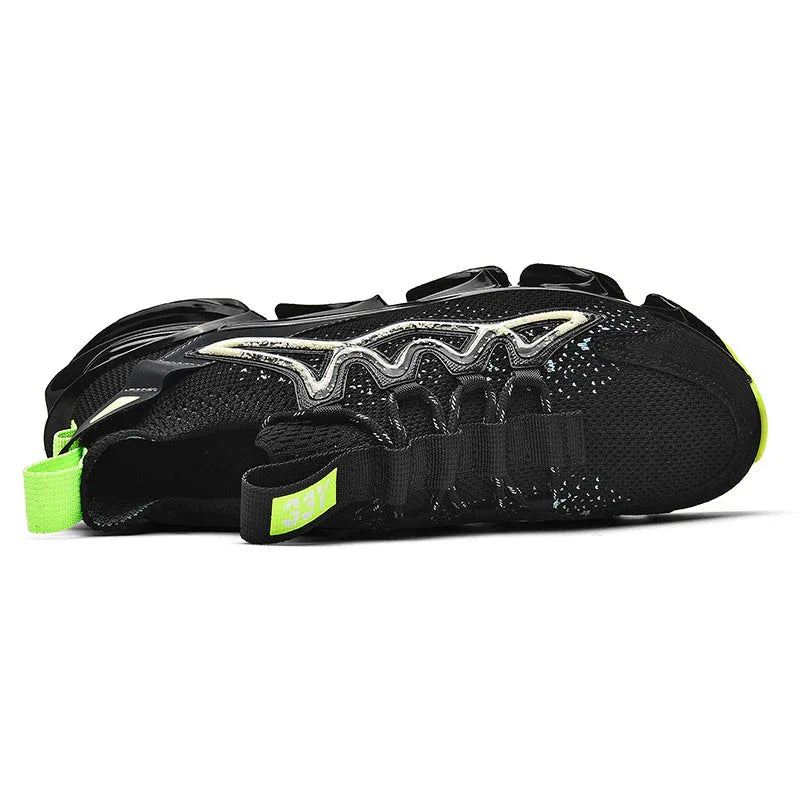 Nova Sole T84 Sneakers - LUXURYURBANWEAR side view folded in black and neon green, showcasing flexible mesh and heel tab.