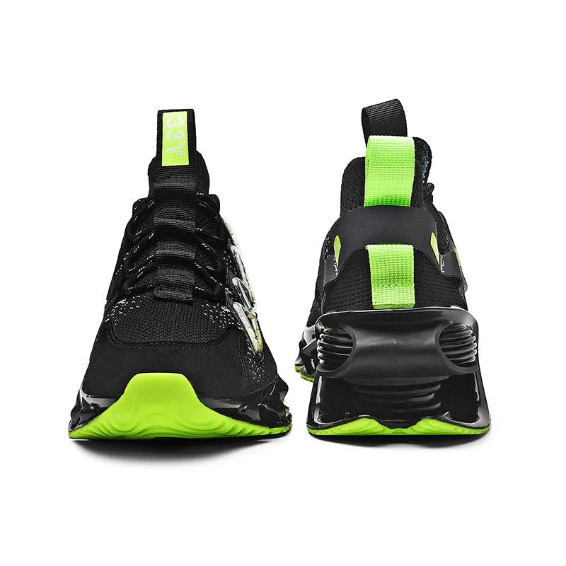 Nova Sole T84 Sneakers - LUXURYURBANWEAR front and rear view in black with neon green, emphasizing heel support and toe design.
