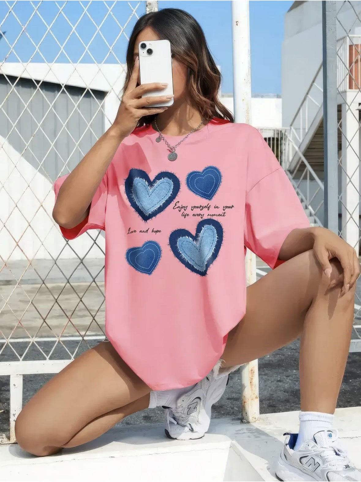Love pattern round neck short sleeved loose top for women