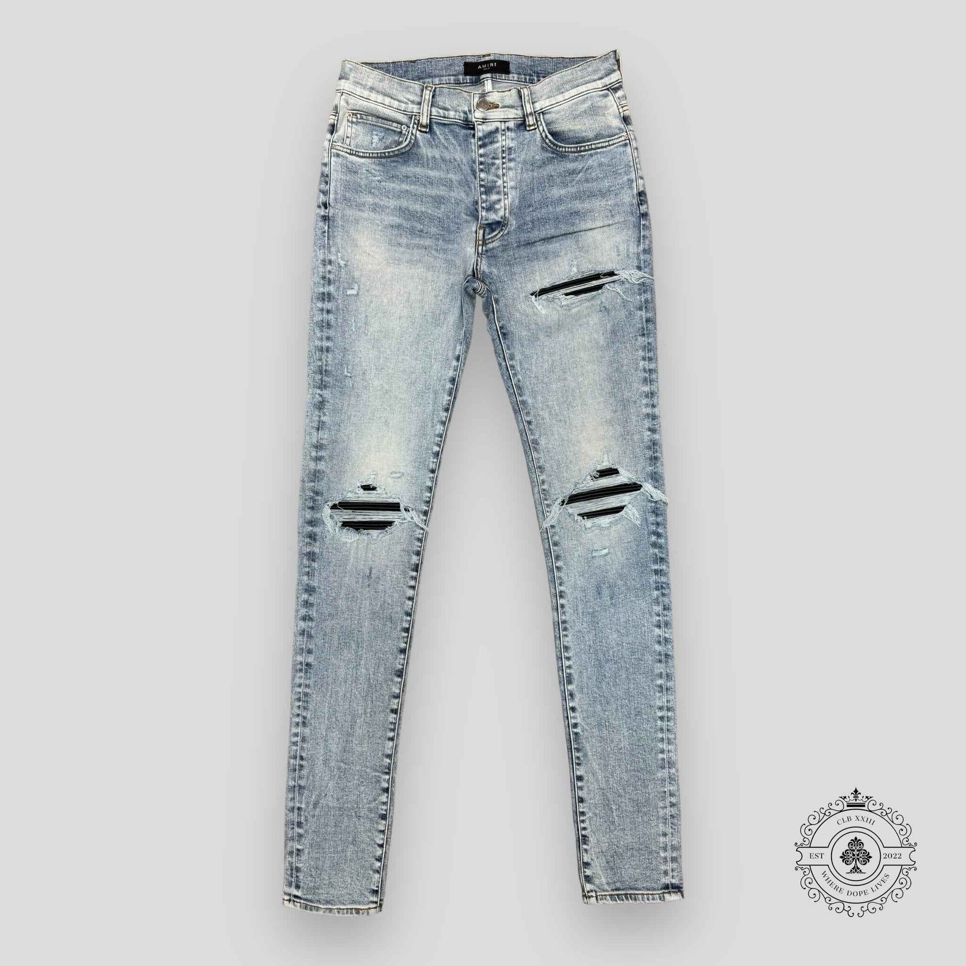 Amiri MX1 Leather Patch Jeans in Stone Indigo