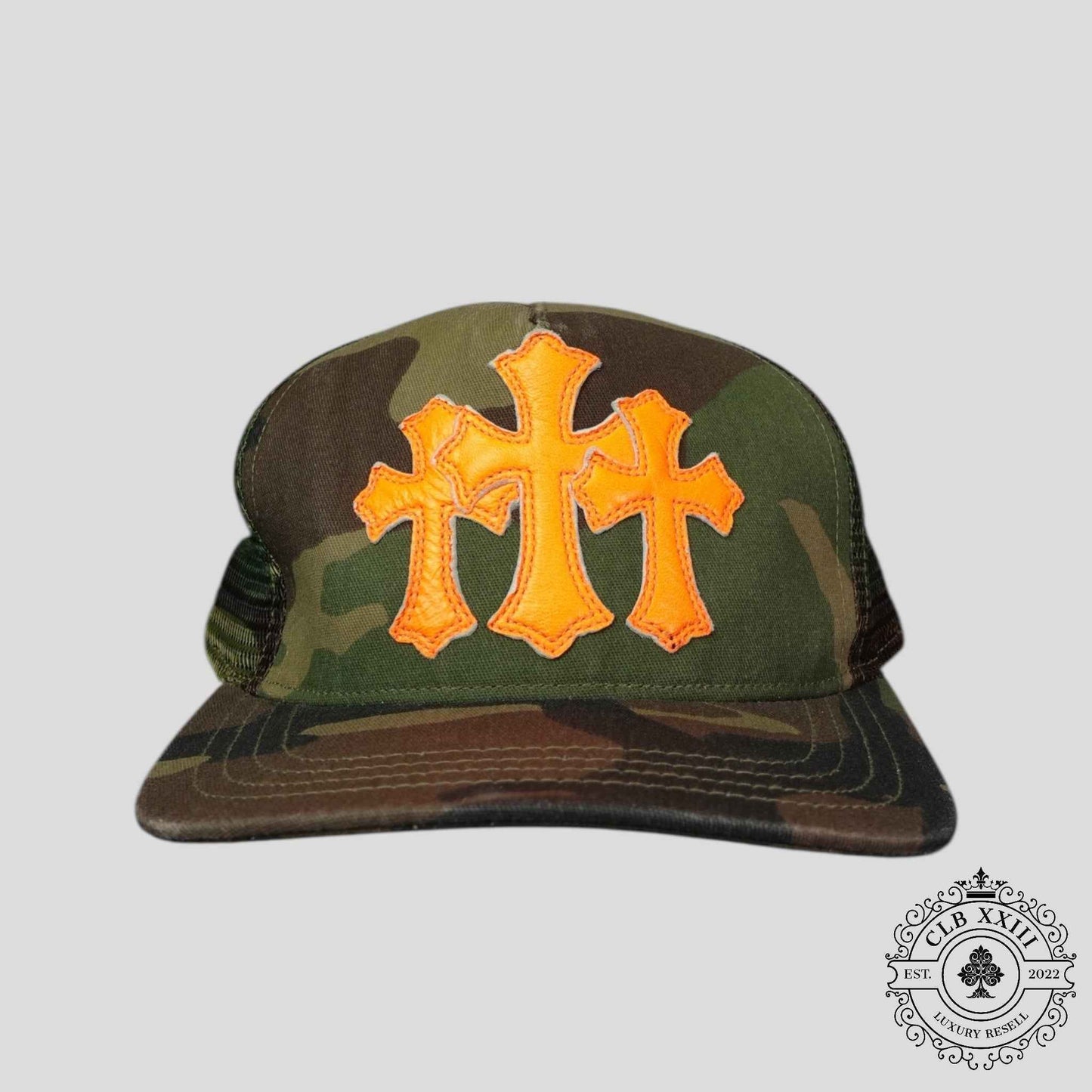 Chrome Hearts Leather Triple Cross Trucker Hat in Camo/Orange