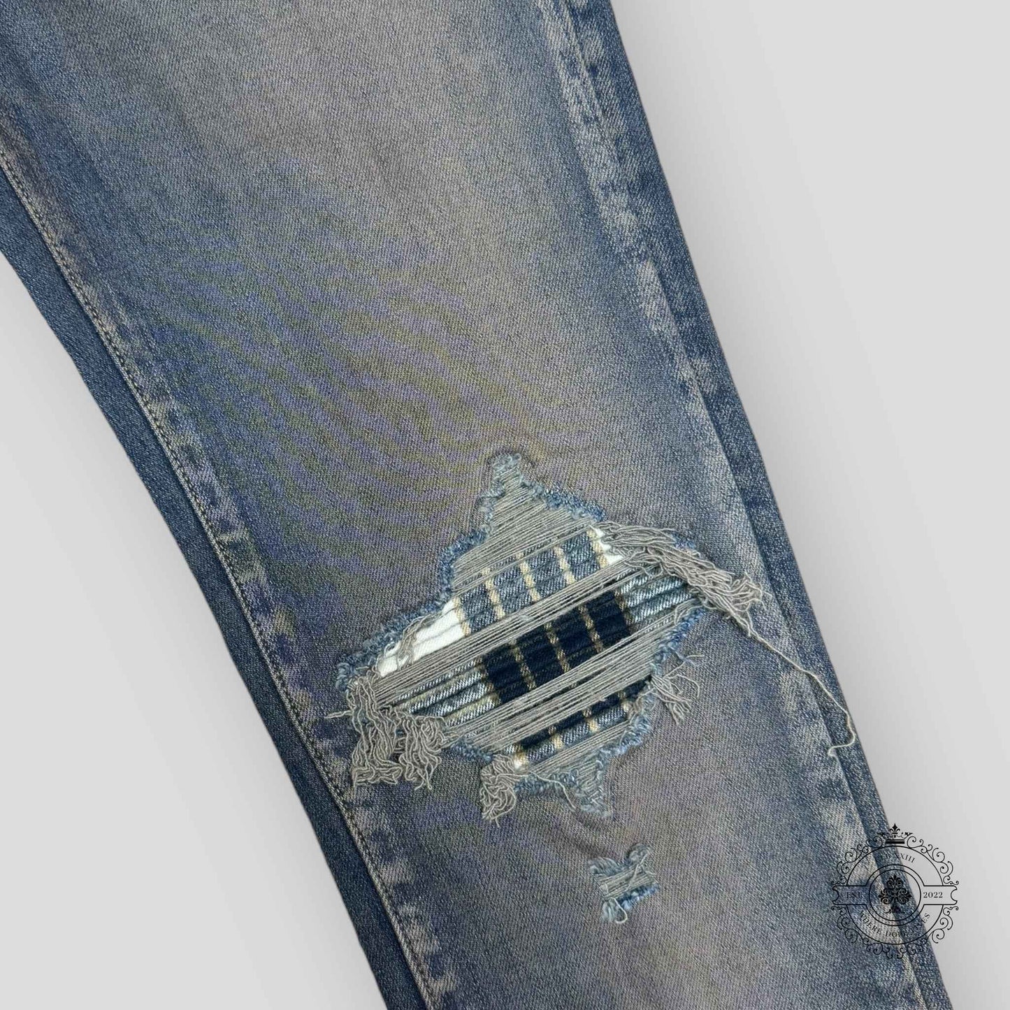 Amiri MX1 Plaid Patch Jeans in Dark Indigo