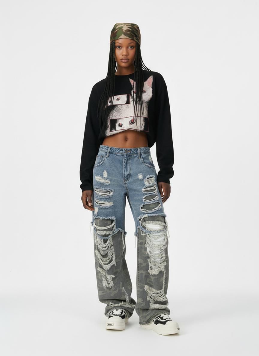 Camouflage Patchwork Ripped Cargo Jeans - 2452 - Luxuryurbanwear