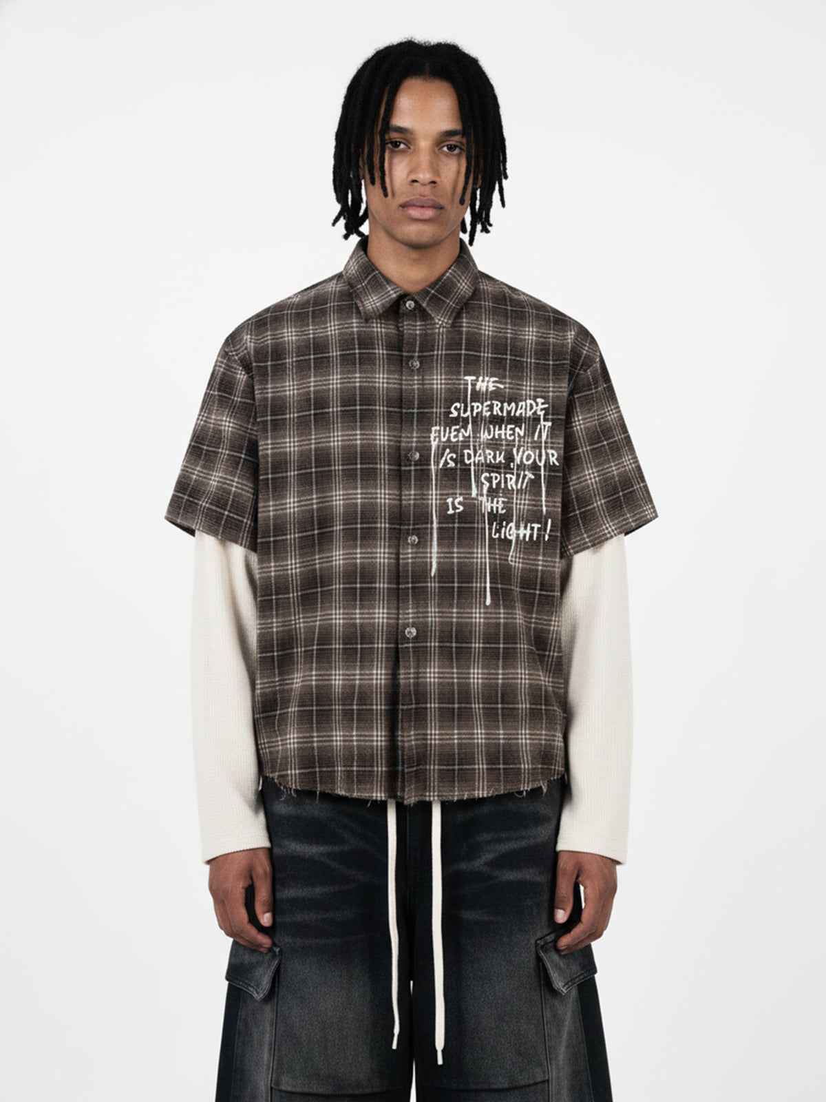 Cotton Street Distressed Plaid Faux Two-Piece Shirt