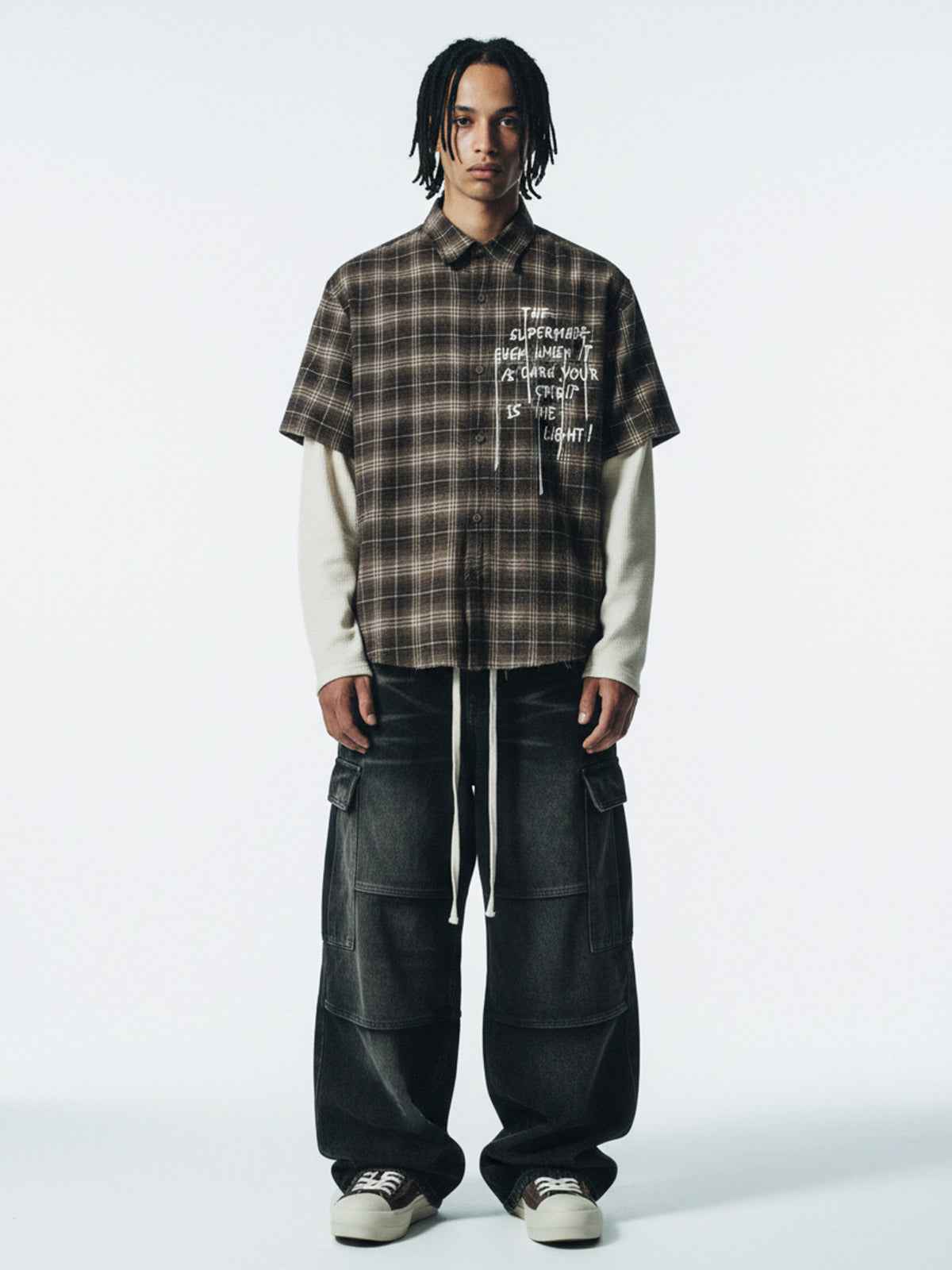 Cotton Street Distressed Plaid Faux Two-Piece Shirt