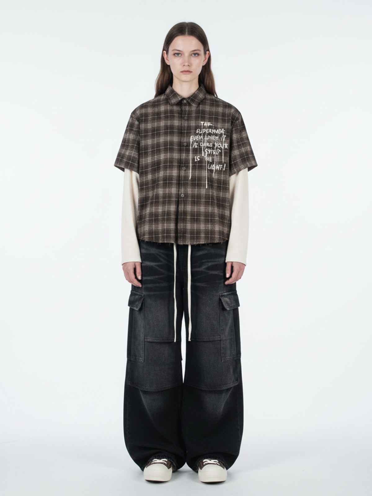 Cotton Street Distressed Plaid Faux Two-Piece Shirt