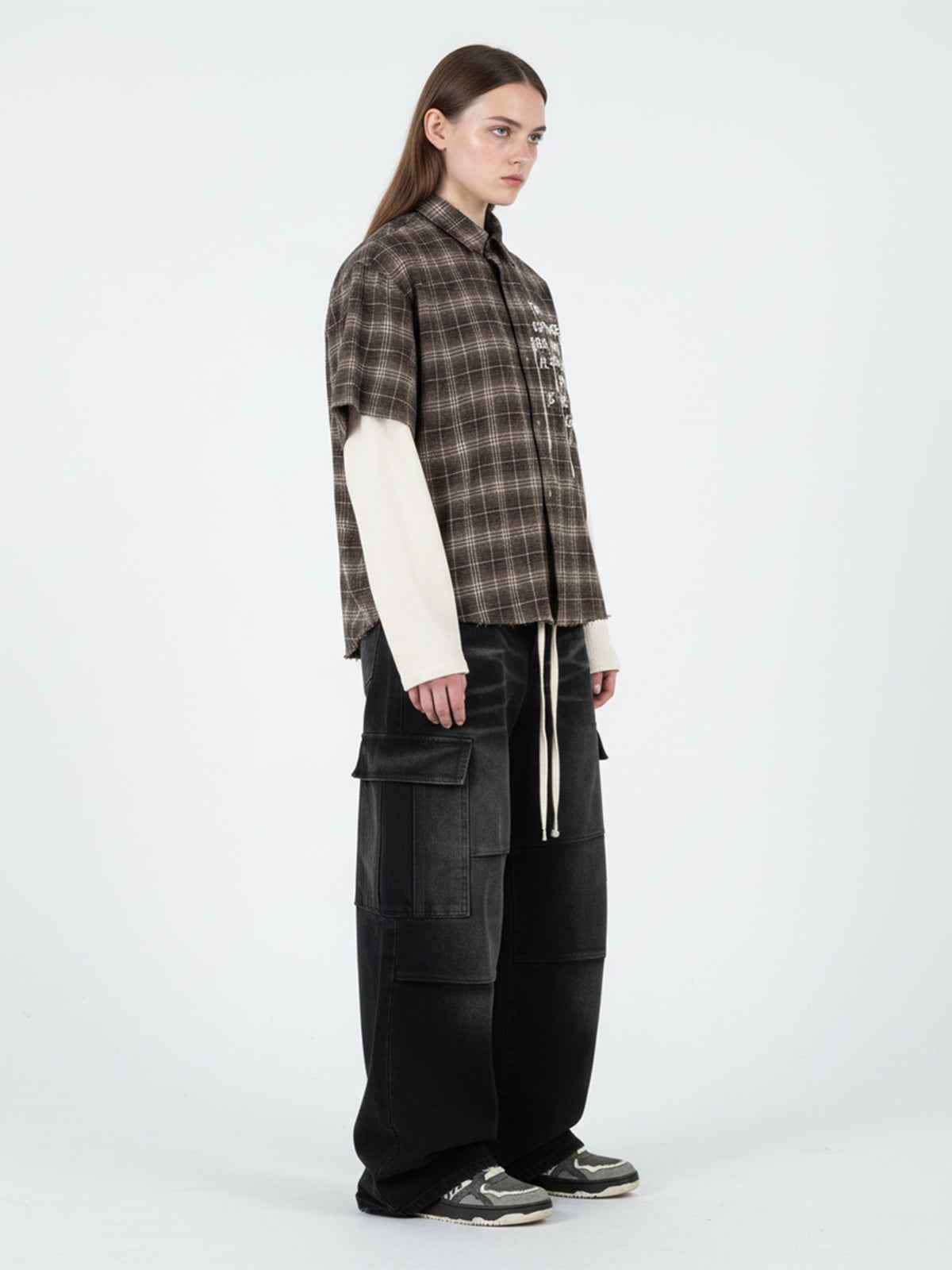 Cotton Street Distressed Plaid Faux Two-Piece Shirt