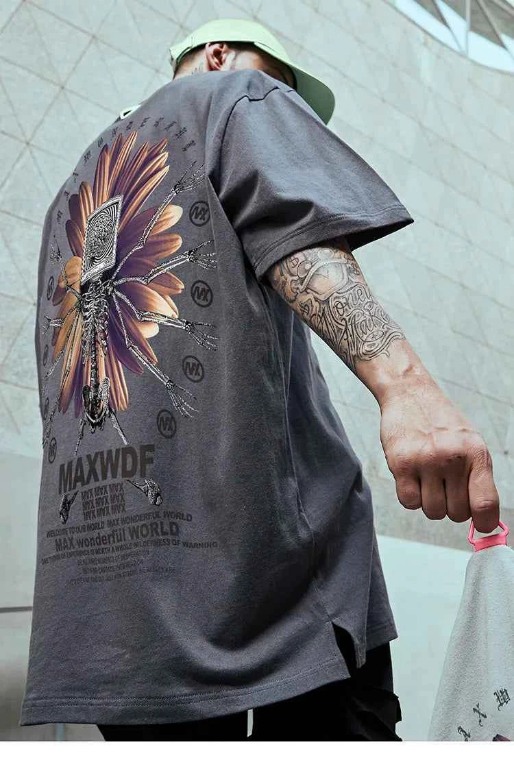 Oversize Skeleton Flower Printed Cotton T-Shirt