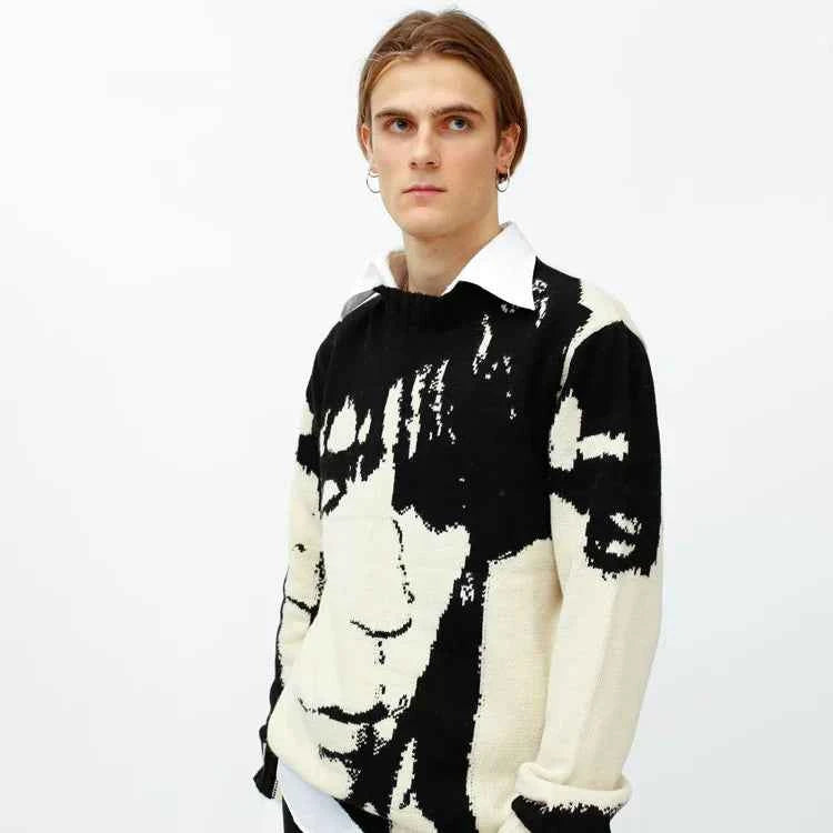 Streetwear Japanese Knitting Portrait Print Sweater