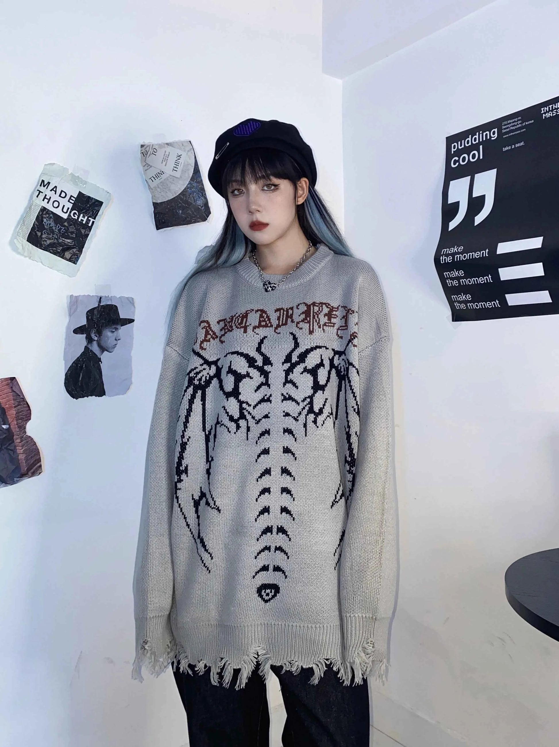 Gothic Letter Bat Skeleton Print Sweater